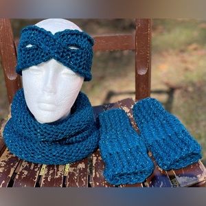 Handmade Hand Crafted Knit Headband Cowl Fingerless Gloves 3 piece Set